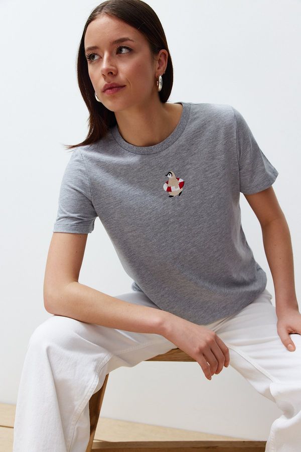 Trendyol Trendyol Gray Melange Embroidered Regular/Normal Fit Knitted T-Shirt