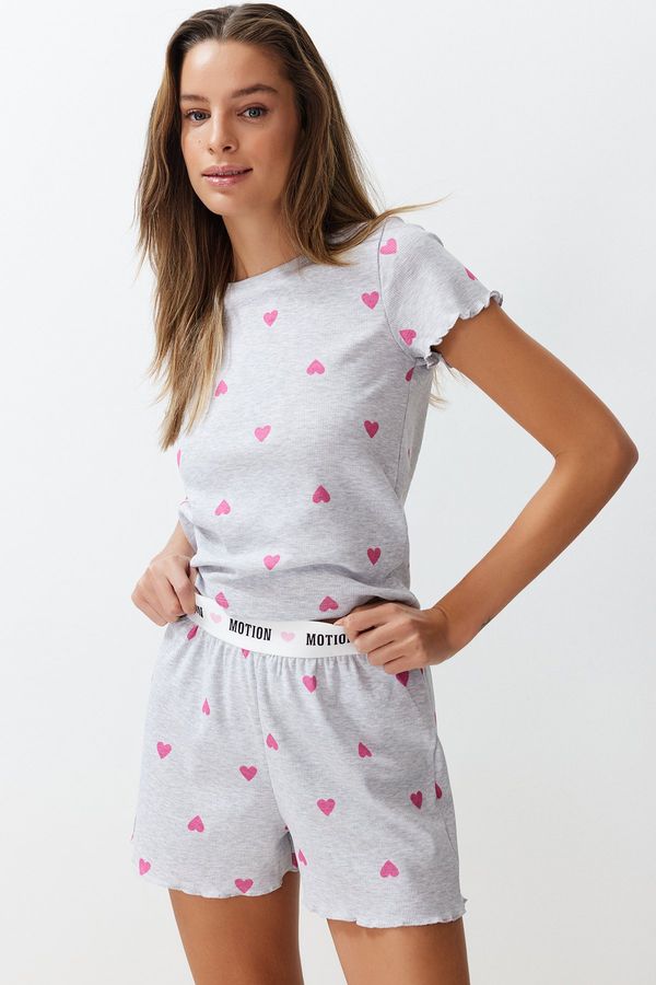 Trendyol Trendyol Gray Melange Heart Slogan Printed Elastic Detail Ribbed Knitted Pajamas Set