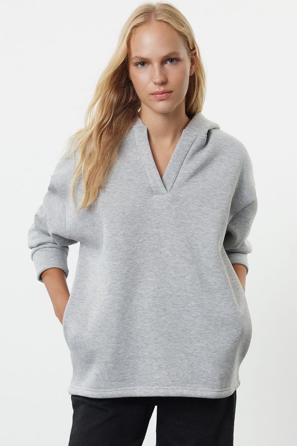 Trendyol Trendyol Gray Melange Hooded Oversize/Wide Fit Thick Knitted Sweatshirt