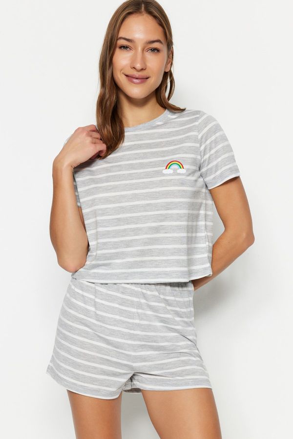 Trendyol Trendyol Gray Melange Rainbow Printed T-shirt-Shorts Knitted Pajama Set