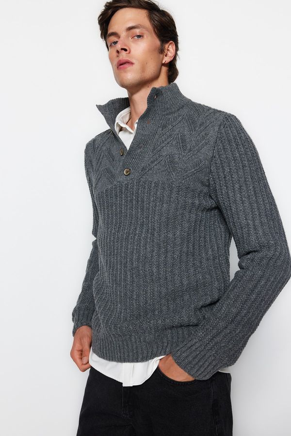 Trendyol Trendyol Gray Men's Slim Fit Turtleneck Buttons Knitwear Sweater