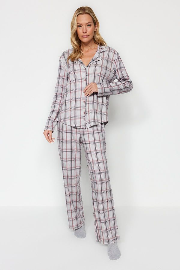 Trendyol Trendyol Gray Multi Color 100% Cotton Brushed Plaid Shirt-Pants Knitted Pajamas Set