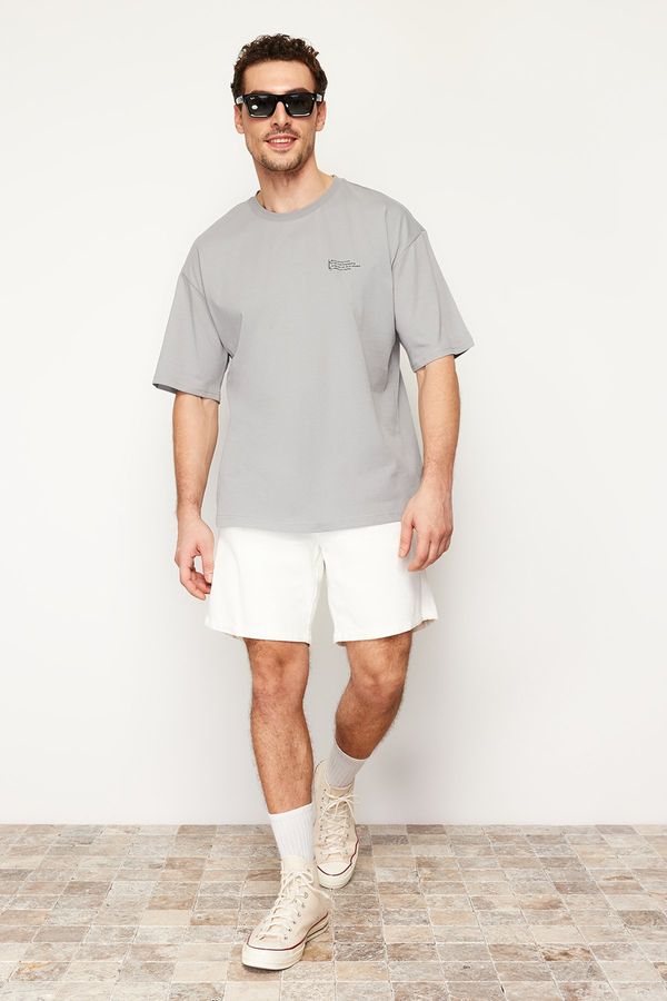 Trendyol Trendyol Gray Oversize 100% Cotton Crew Neck Minimal Text Printed T-Shirt
