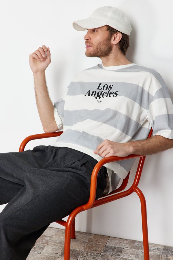 Trendyol Trendyol Gray Oversize Striped City Printed 100% Cotton T-Shirt