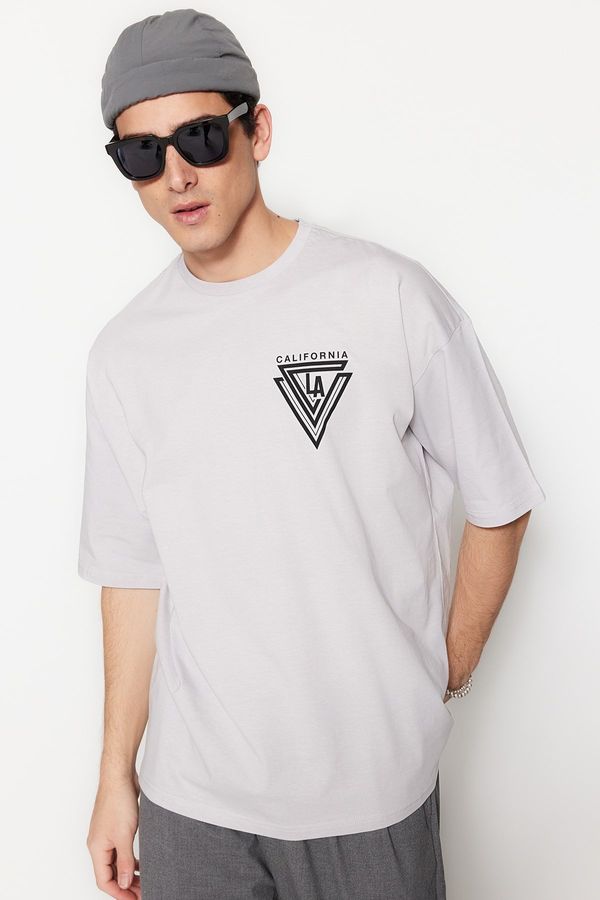 Trendyol Trendyol Gray Oversize/Wide Cut City Printed 100% Cotton Short Sleeve T-Shirt