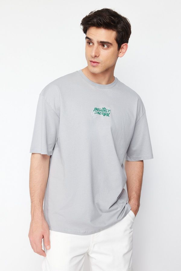Trendyol Trendyol Gray Oversize/Wide Cut Crew Neck Flower Printed 100% Cotton T-Shirt