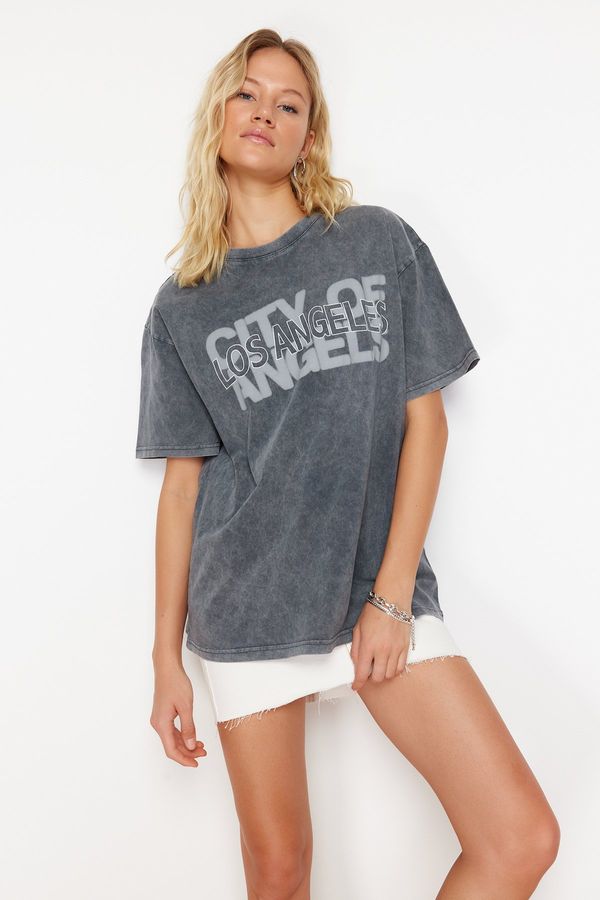 Trendyol Trendyol Gray Oversize/Wide Fit Motto Printed Washed 100% Cotton Knitted T-Shirt