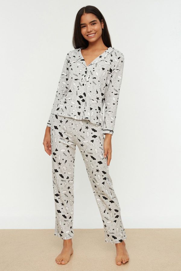 Trendyol Trendyol Gray Printed Knitted Pajamas Set