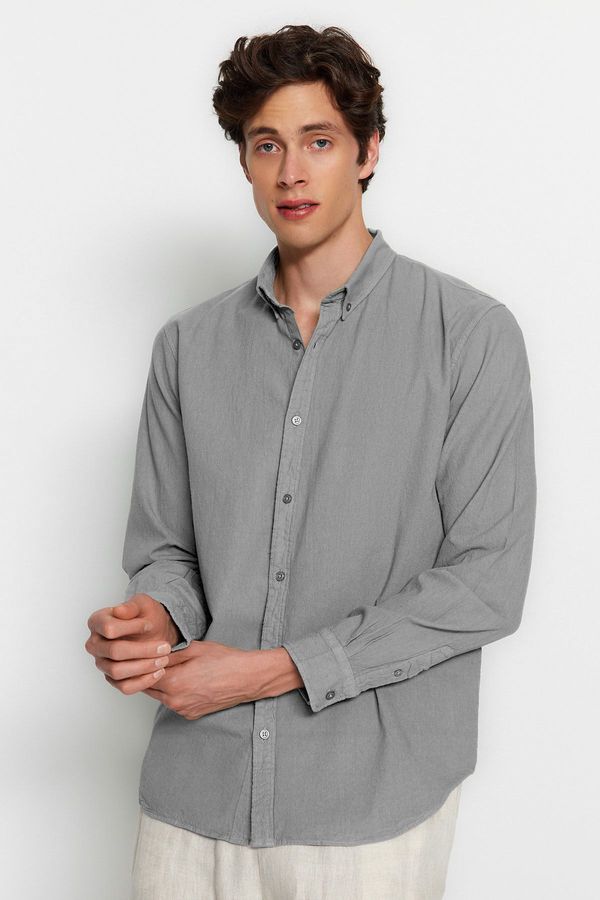 Trendyol Trendyol Gray Regular Fit 100% Cotton Linen Look Shirt