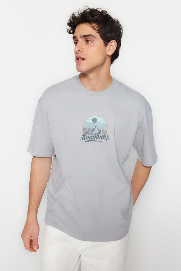 Trendyol Trendyol Gray Relaxed/Casual-Fit Scenery-Text Printed 100% Cotton Short Sleeve T-Shirt