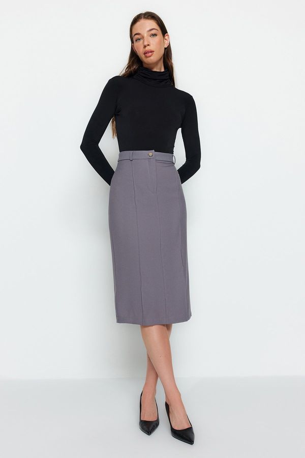 Trendyol Trendyol Gray Straight Cut Slit Detailed Midi Woven Skirt