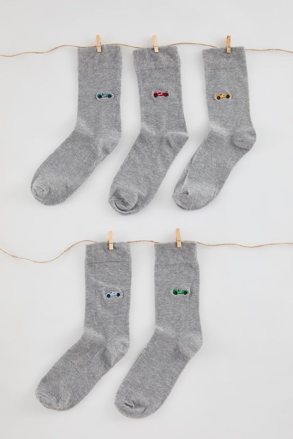 Trendyol Trendyol Gray Unisex 5 Pack Car Embroidered Cotton Sock-Long Socks