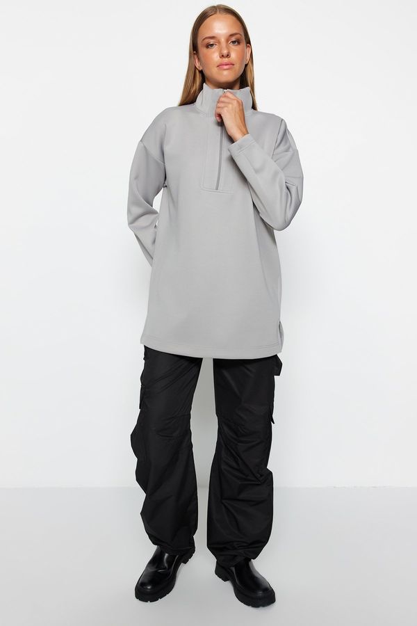 Trendyol Trendyol Gray Zipper Detail Diver/Scuba Plain Knit Sweatshirt