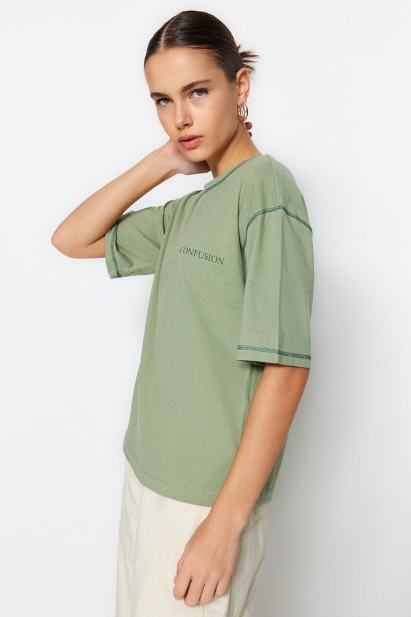Trendyol Trendyol Green 100% Cotton Bedstead Stitched and Printed Relaxed/Wide, Comfortable-Cut Knitted T-Shirt