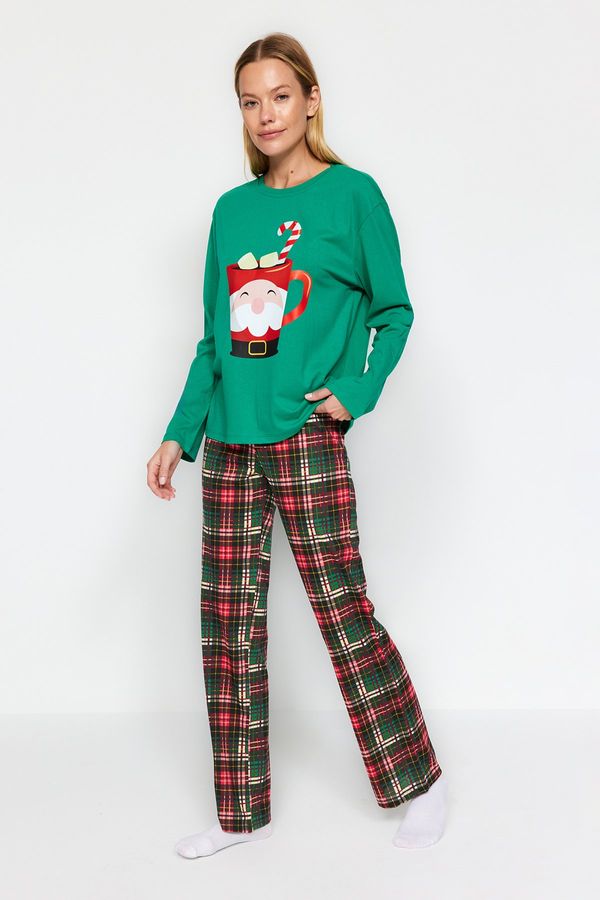 Trendyol Trendyol Green 100% Cotton Christmas Theme Tshirt-Pants and Knitted Pajamas Set