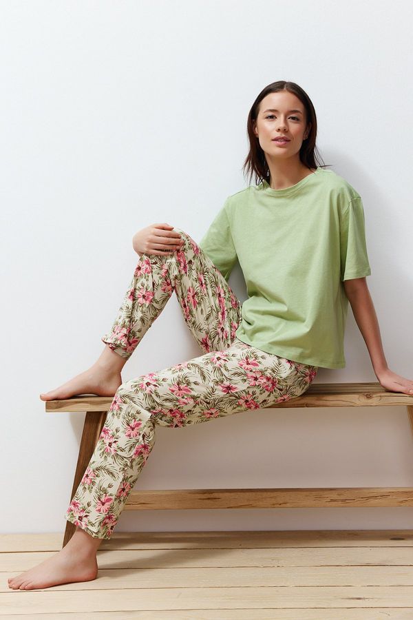 Trendyol Trendyol Green 100% Cotton Floral Knitted Pajamas Set