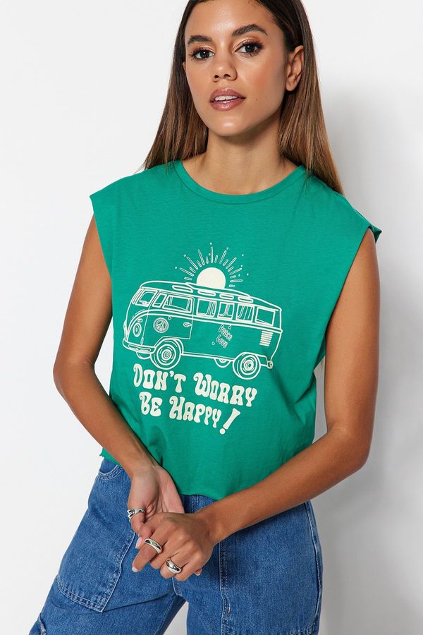 Trendyol Trendyol Green 100% Cotton Printed Sleeveless Crop Crew Neck Knitted T-Shirt