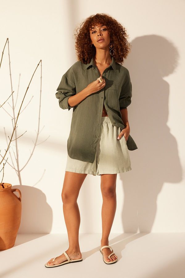 Trendyol Trendyol Green 100% Linen Oversize Shirt