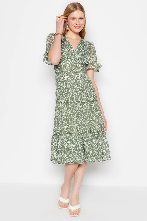 Trendyol Trendyol Green Animal Patterned A-line/Bell Form Flounced Midi Lined Woven Dress