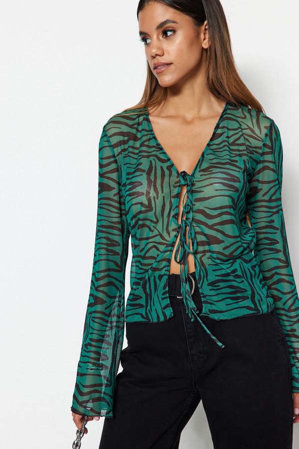 Trendyol Trendyol Green Animal Patterned Lace-up Detailed Tulle Stretch Knitted Blouse