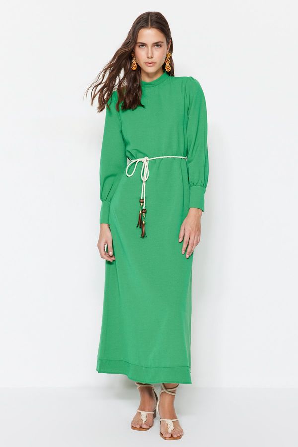 Trendyol Trendyol Green Belt Detailed Wide Cuff Linen Look Woven Dress