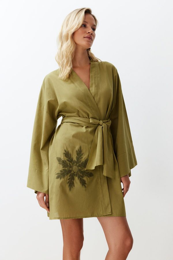 Trendyol Trendyol Green Belted Mini Woven Embroidered 100% Cotton Kimono&Kaftan
