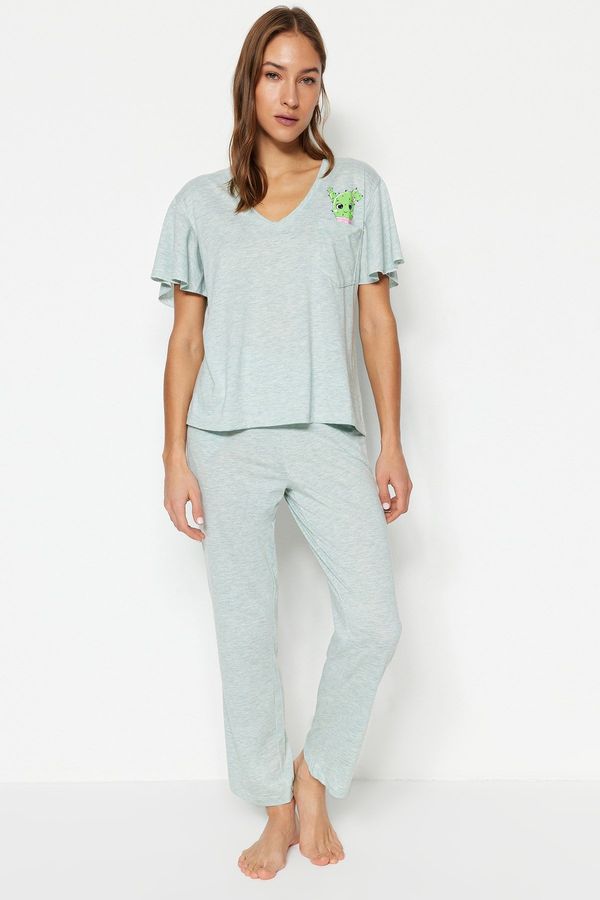 Trendyol Trendyol Green Cotton Cactus Printed Sleeve Flounce Detailed T-shirt-Pants Knitted Pajama Set