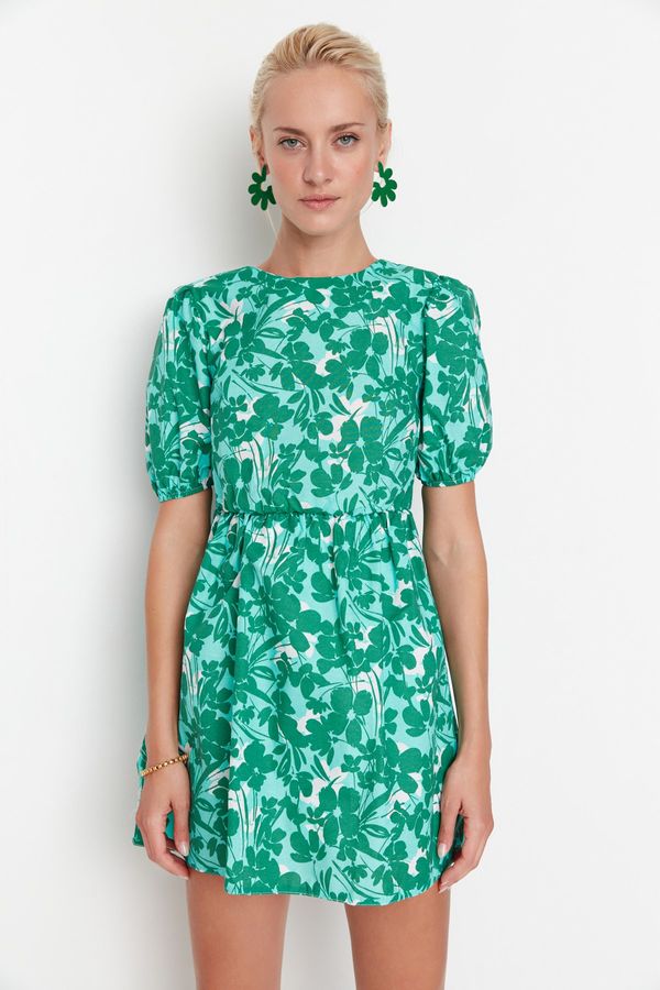 Trendyol Trendyol Green Floral Waist Open Back Detail Mini Woven Dress