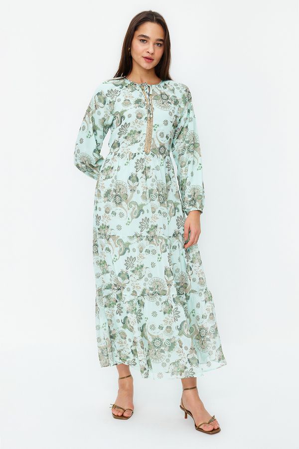 Trendyol Trendyol Green Gold Brode Detailed Woven Lined Chiffon Floral Dress