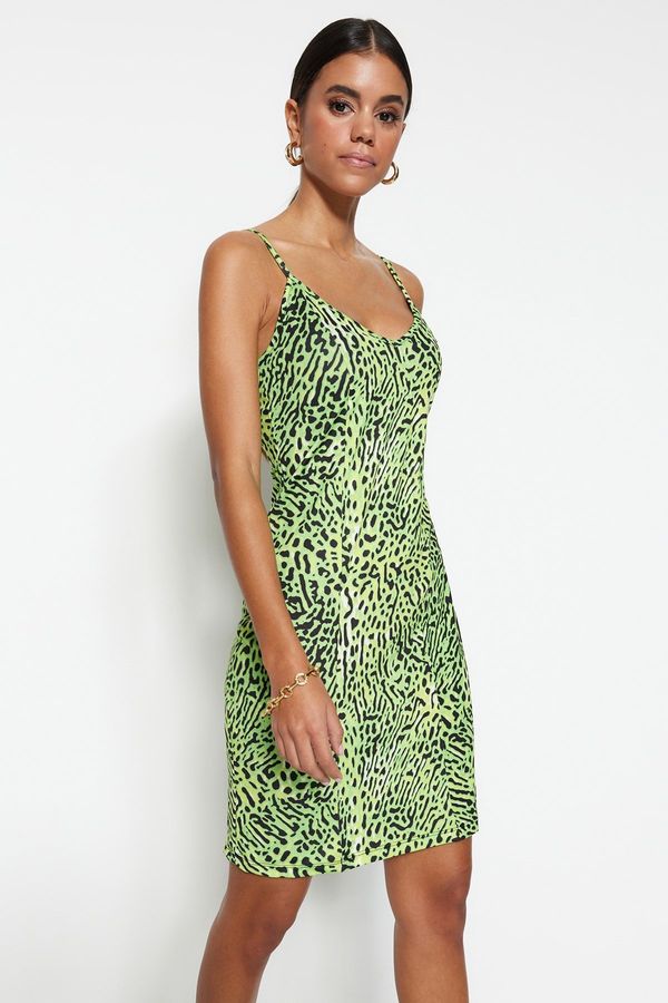 Trendyol Trendyol Green Leopard Pattern Fitted Mini Straps, Flexible Knitting Dress