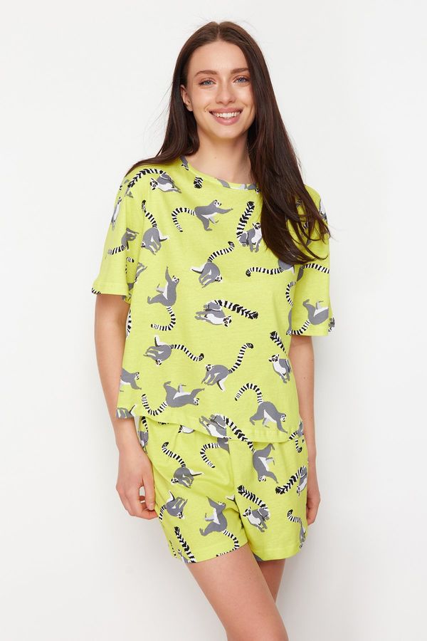 Trendyol Trendyol Green-Multicolor 100% Cotton Animal Pattern Knitted Pajamas Set