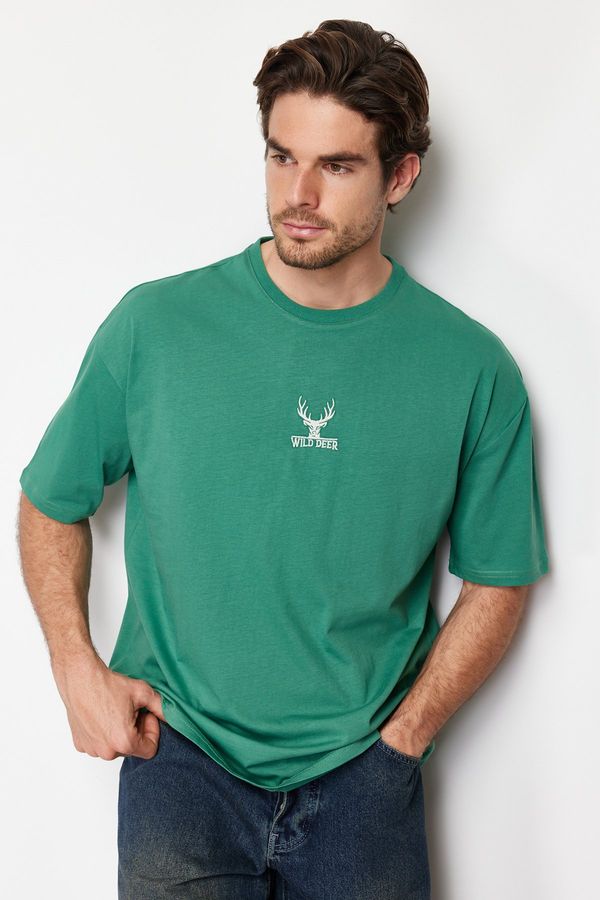 Trendyol Trendyol Green Oversize Deer Embroidered 100% Cotton T-Shirt