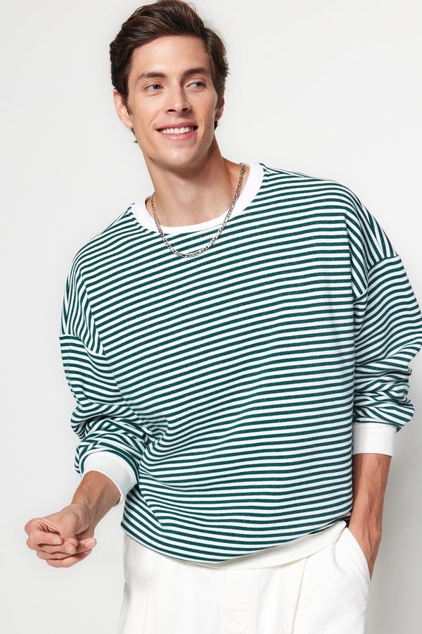 Trendyol Trendyol Green Oversize/Wide Cut Striped Fleece Inside/Warm Sweatshirt