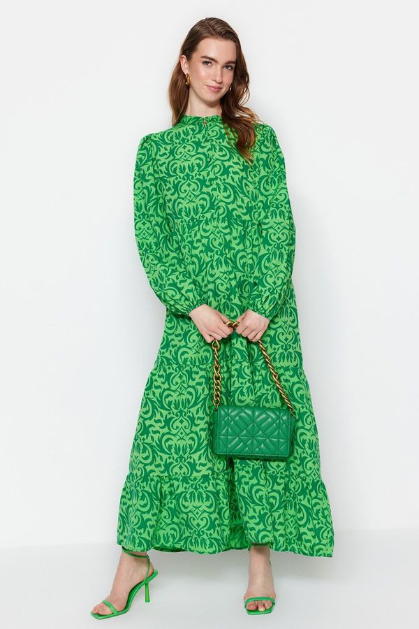 Trendyol Trendyol Green Patterned Half Paw Wide Fit Cotton Woven Dress