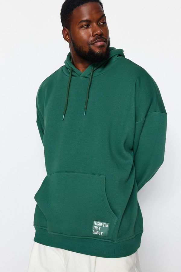 Trendyol Trendyol Green Plus Size Basic Comfortable Hooded Labeled Fleece Cotton Sweatshirt