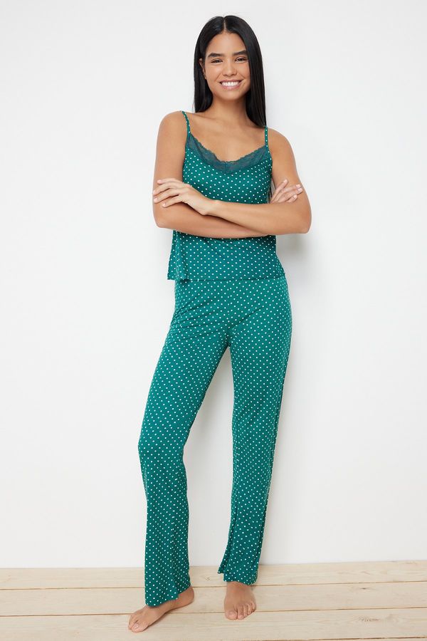 Trendyol Trendyol Green Polka Dot Lace Detailed Viscose Knitted Pajamas Set