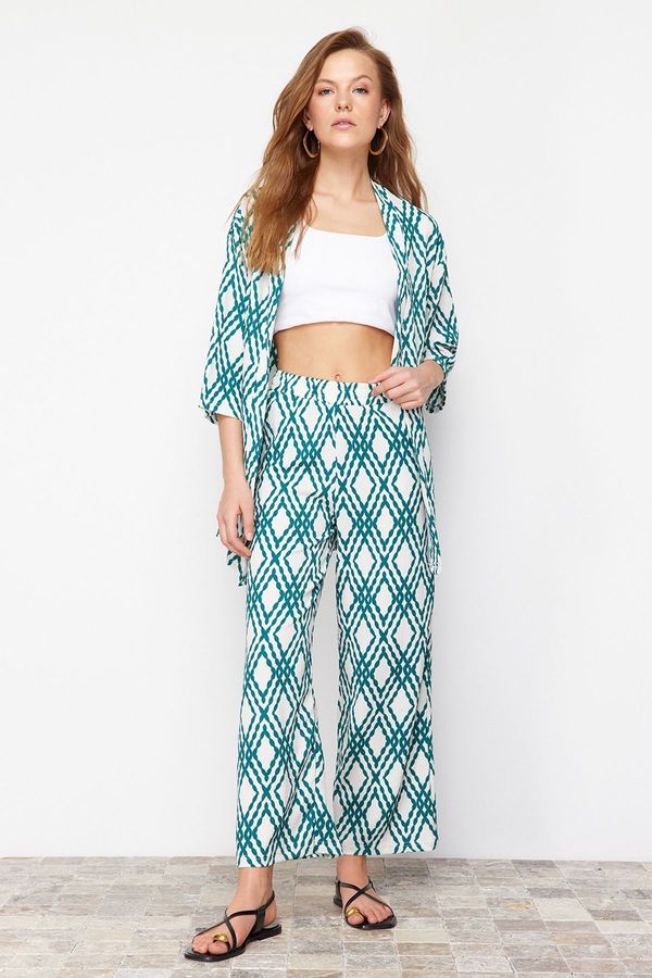 Trendyol Trendyol Green Printed Comfort Cut Flexible Kimono Knitted Two Piece Set