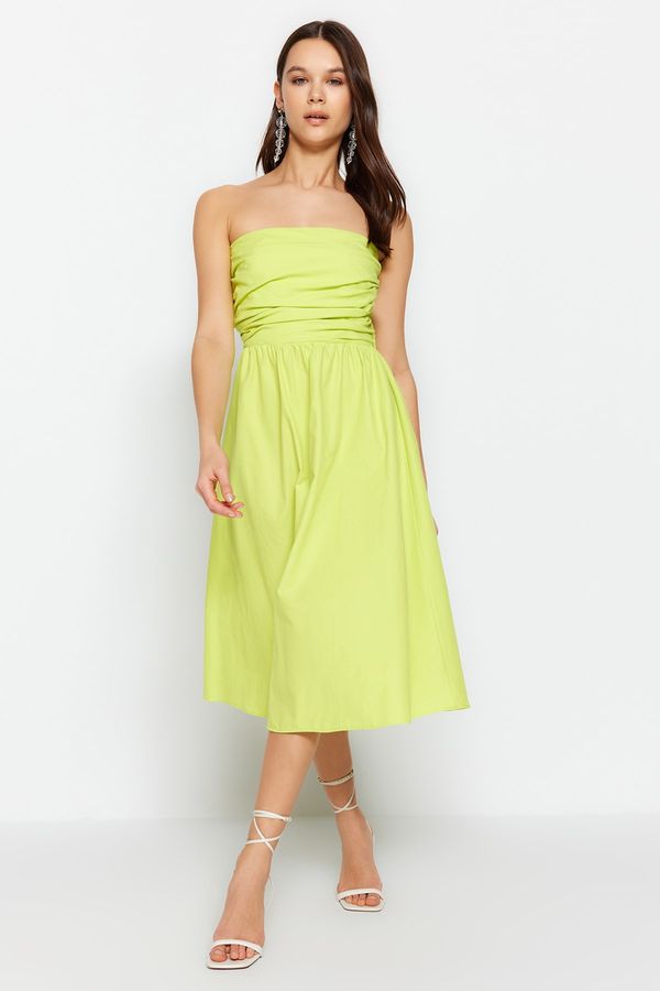 Trendyol Trendyol Green Rib Detail Strapless Skater/Waist Poplin Fabric Midi Woven Dress