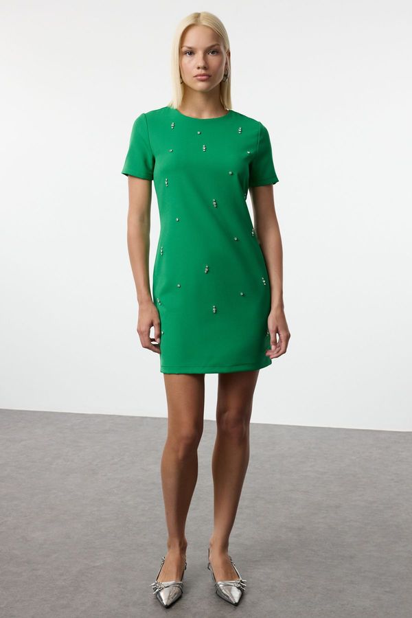 Trendyol Trendyol Green Shift/Plain Pattern Stone Embroidered Mini Woven Dress