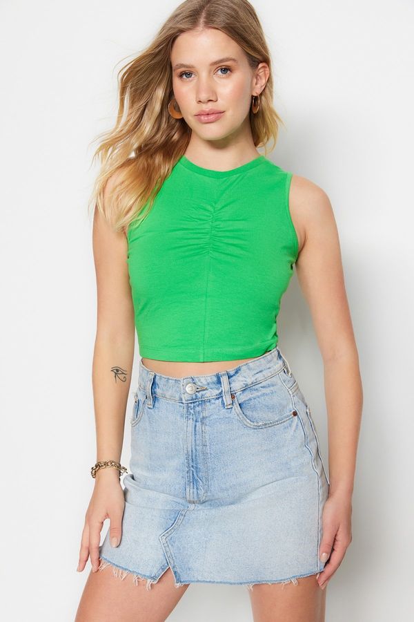 Trendyol Trendyol Green Shirred Detail Fitted/Simple Crop Crew Neck Stretchy Cotton Knitted Blouse