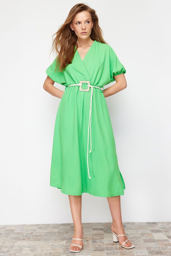 Trendyol Trendyol Green Straight A-line Double Breasted Collar Balloon Sleeve Belt Detailed Lily Maxi Woven Dress