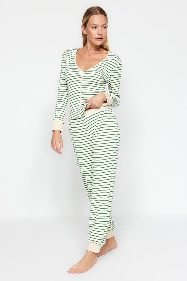 Trendyol Trendyol Green Striped Cotton Tshirt with Cuff and Piping Detail - Jogger Knitted Pajama Set