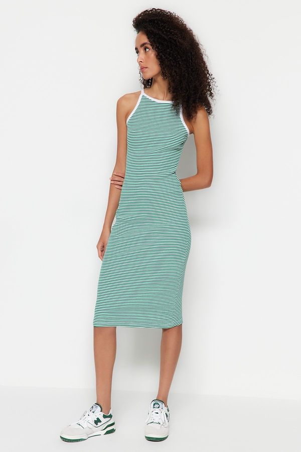 Trendyol Trendyol Green Striped Fitted/Simple, Halterneck Midi Ripple, Flexible Knit Dress with Straps