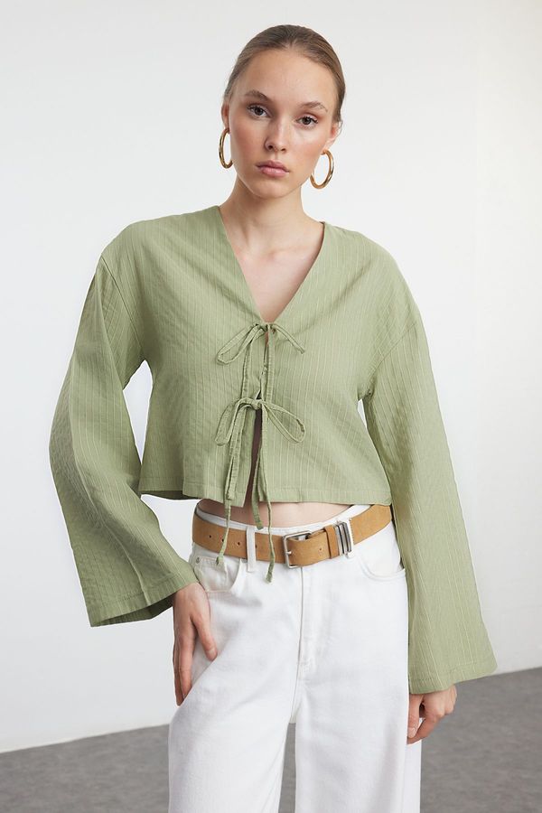 Trendyol Trendyol Green Tie Detailed Striped Shirt