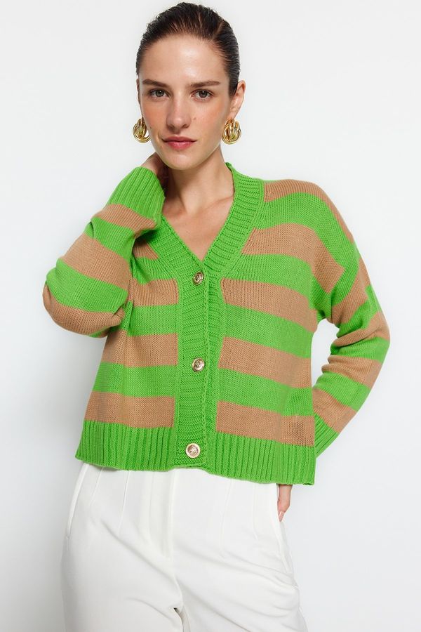 Trendyol Trendyol Green V-Neck Striped Knitwear Cardigan