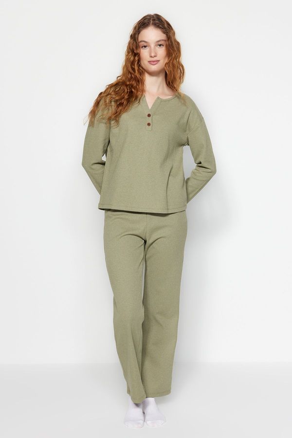 Trendyol Trendyol Green Waffle Tshirt-Pants Knitted Pajama Set