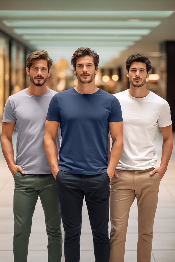 Trendyol Trendyol Grey-Ecru-Indigo Basic Slim/Narrow Cut 100% Cotton 3 Pack Crew Neck T-Shirt