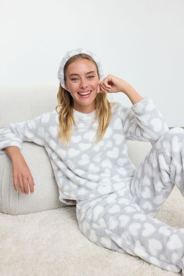 Trendyol Trendyol Grey Heart Hairband Wellsoft Winter Knitted Pajama Set