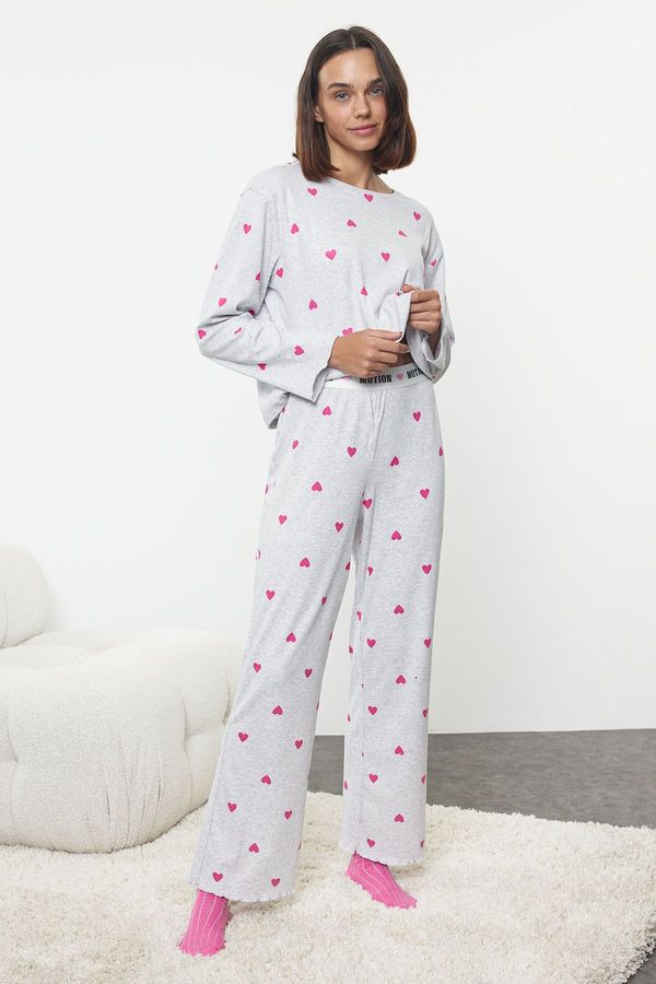 Trendyol Trendyol Grey Melange Heart Slogan Printed Elastic Knitted Pajama Set