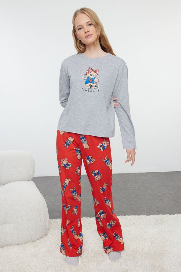 Trendyol Trendyol Grey Melange Printed Jersey Knitted Pajama Set